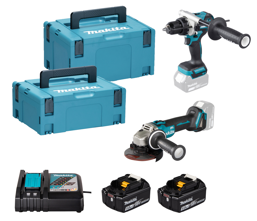 COMBO TALADRO COMBINADO+AMOLADORA ANGULAR 18V+ 2 BAT 5,0AH+ CARGADOR MAKITA
