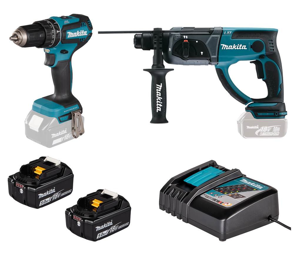 COMBO TALADRO PERCUTOR+MARTILLO LIGERO 18V+ 2 BAT 5,0AH+ CARGADOR MAKITA 